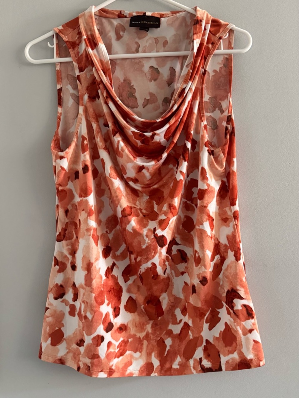 Dana Buchman Sleeveless Cowl Neck Blouse Small Coral Abstract Print